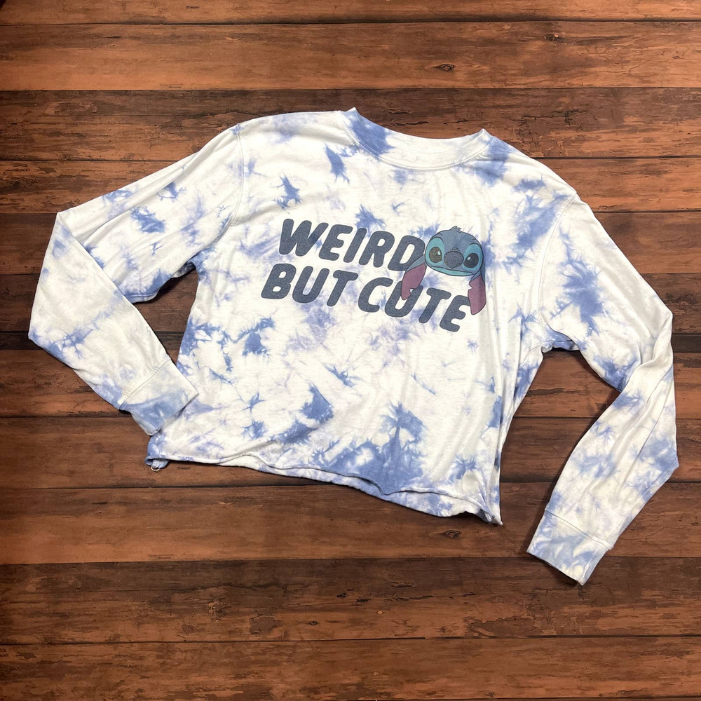 DISNEY Stitch Junior's "Weird But Cute" Tie-Dye Cropped Long Sleeve Shirt Size M